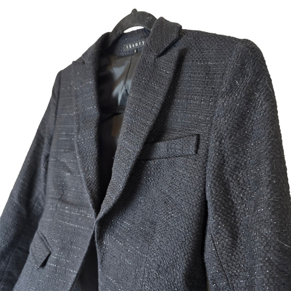 Theory cropped black Tweed blazer silver threading size 0 - Picture 3 of 11